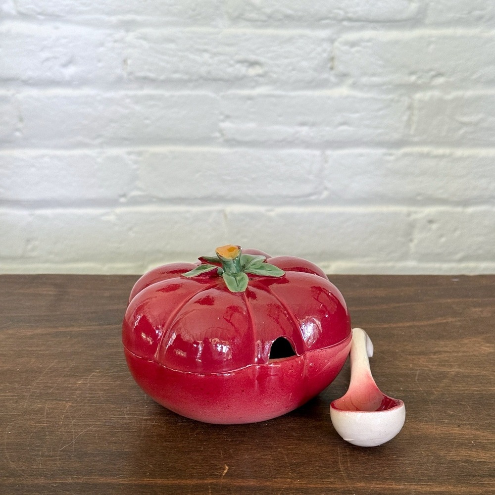Vintage Italy Ceramic Tomato Condiment Jar with Lid and Spoon Red Majolica
